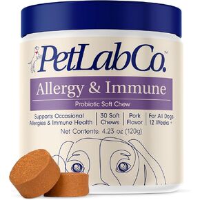شركة PetLab البروبيوتيك للحساسية والمناعة للكلاب، ودعم الحساسية الموسمية، وصحة الأمعاء والجهاز الهضمي - نكهة لحم الخنزير - 30 مضغًا ناعمًا