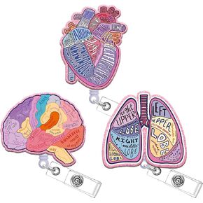 Nurse Badge Reel Retractable - 3 Pcs Organ Heart Brain Lung ID Badge Holder with Acrylic Alligator Clip for Hospital Worker Nurses Nursing Medical Student Name Card Reels Accessories Gifts