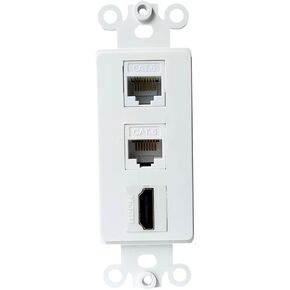 1 HDMI and 2 CAT6 Ethernet Port Decora Insert Wall Plate White - HDMI RJ45 Keystone Jack Insert for Midsize/Oversize Cover Plate