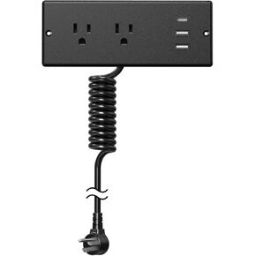 Furniture Drawer Outlet, IPX4 Recessed Power Strip Waterproof with (3) PD 20W USB Ports Fast Charging & (2) 15 Amp AC Outlets, (16 AWG) 6 FT White Spring Cord