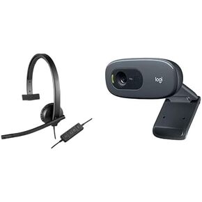 Logitech USB H570e Corded Single-Ear Headset & C270 Desktop or Laptop Webcam, HD 720p Widescreen for Video Calling and Recording