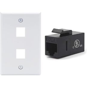 VCE 25-Pack CAT6 RJ45 Keystone Jack Inline Couplers Black Bundle with 10-Pack 2 Port Keystone Wall Plates