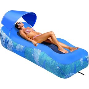 Inflatable Lounger Air Sofa with Detachable Sunshade, Inflatable Lounger Beach Chair with Pillow, Portable, Water Proof& Anti-Air Leaking Design for Beach, Camping, Music Festival, Backyard