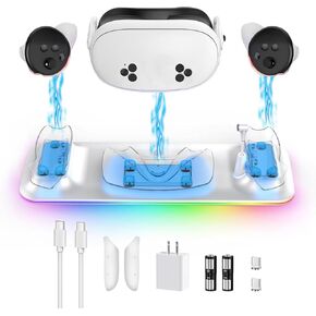 Chagring Dock for Meta Quest 3S,Magnetic Fast Charging Station for Oculus Quest 3S,Charger Stand for Headset/Controller with 2 Rechargeable 1800mAh Batteries