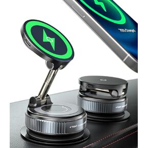 Magnetic Car Phone Holder [15W Wireless Charger] [Vacuum Suction Cup] 360° Adjustable & Foldable Car Mount for Dashboard/Windshield/Smooth Surface [Compatible with MagSafe]