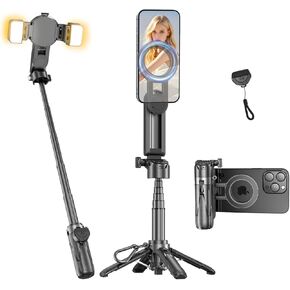 Magnetic Mini Phone Selfie Stick, Small Portable Pocket Tripod for iPhone/Android, Magnetic Suction ＆ Clip 2 in 1, with Detachable Remote & 2 Fill Light for Photograph/Live Streaming/Video Recording