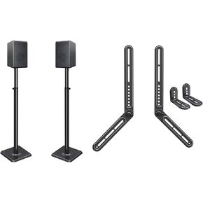 Mounting Dream Speaker Stands for Small Bookshelf Speakers Set of 2 Floor Stand Mount 11LBS Capacity, MD5420 Soundbar Mount Above or Under TV with Detachable Extended Plates Fits Soundbar up to 22lbs