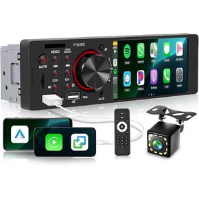 سيارة استريو واحدة مع Apple Carplay ، Android Auto ، شاشة لمس IPS 4 بوصة ، Bluetooth 5.1 ، راديو FM/RDS ، وحدة الرأس مع Link Link Eq USB/TF Card/Aux Camera النسخ الاحتياطي
