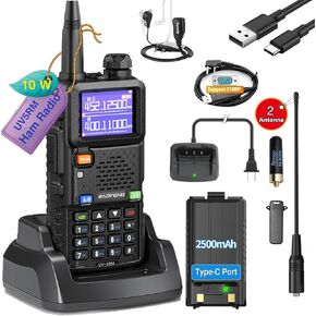 BAOFENG UV-5RM 10W Long Range Ham Radio Walkie Talkie with NOAA Weather Receiver 2500mAh Rechargeable Battery one-Key Frequency Copy Earphone Type-C Charging and Programming Cable (5RM X771)