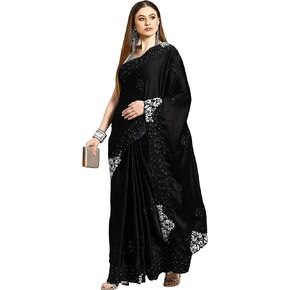 TRENDMALLS Women's Crape Silk Heavy Embroidred Saree with Unstitch Blouse Piece (K956-Black)