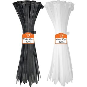 Colored Zip Ties 12 Inch 100 Pack, Black & White Cable Ties, 120lbs Tensile Strength Self-Locking Plastic Tie Straps for Indoor and Outdoor Use