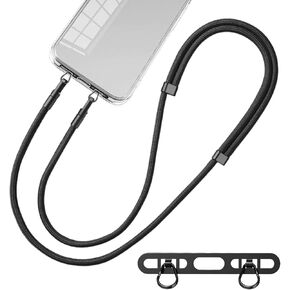 Cell Phone Lanyard, Upgraded Double Buckle Hole Ring Cell Phone Lanyard Patch and Adjustable Neck Strap Compatible with iPhone 12-16, No-Residue Adhesive-Free Design Black
