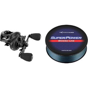 KastKing Zephyr Baitcasting Fishing Reel, Left Handed, Black & KastKing Superpower Braided Fishing Line, Gray, 15 LB, 150 Yds
