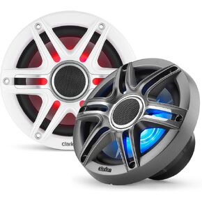 Clarion CMSP-651RGB-SWG Premium 6.5-inch Coaxial Marine Speakers with Built-in RGB Illumination, 50W RMS, with White & Gray Metallic Grilles