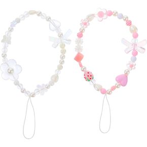 Bremorou 2 Pcs Cute Camera Wrist Strap Kawaii Phone Charm Strawberry Phone Case Charms With Bowknot Heart Pink/White Beaded Charm Aesthetic Love Lanyard Wrist Strap For Women Girl Gifts