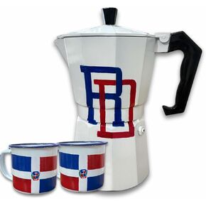Hand-painted Dominican Coffee Maker Set -RD Flag Design, Handcrafted, Includes Two 2-Ounce Cups with Dominican Flag, Aluminum (6 Cups) for Serving Only