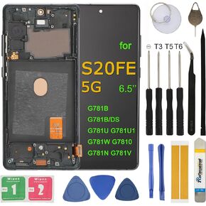 LCD Screen Replacement for Samsung Galaxy S20 FE 5G SM-G781U1/DS G781A G781W G781B G781N 6.5" Assembly LCD Display Touch Screen Digitizer Tools Kit with Frame