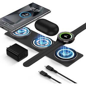 Foldable Android Samsung S25 Ultra Fast Wireless Charging Pad 3 in 1 Charger Wireless Charging Station 15W Fast Charging for Samsung Galaxy S25 Plus/S24FE/S24 Plus/S23FE/S22, Galaxy Watch 7/6 Classic