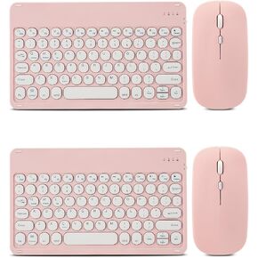 2 Pack Ultra-Slim Bluetooth Keyboard and Mouse Portable Mini Wireless Keyboard Rechargeable for Apple iPad iPhone Samsung Tablet iPhone Smartphone iOS Android Windows, Round Keys Pink