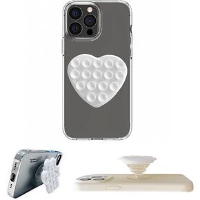 Silicone Suction Cup Grip with Expanding Kickstand, Powerful Holder for Selfies and Videos, One-Handed Easy Use, Hands-Free, Super Strong Suction, Compatible with iPhone and Android, wHITE Heart