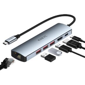 USB C Hub Ethernet, KOZYC 6-in-1 USB C Hub with 10Gbps, HDMI 4K 60Hz, 1Gbps Ethernet, 3xUSB-A 3.2, 100W PD Compatible with MacBook Air/Pro, XPS13/15, Dell