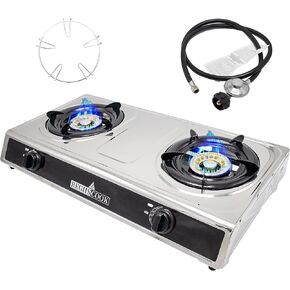 Double Burner Propane Gas Cooktop,Camping Portable LPG Gas Stove, Auto Ignition Stainless Steel Countertop with regulator and burner grate