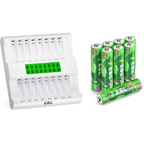 EBL 8 Pack Rechargeable AAA Batteries with Charger, 1100mAh Ni-MH Pre-Charged Triple A Battery and AA AAA Battery Charger, 1-Hour Fast Charging