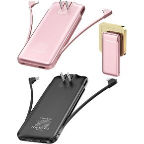 Portable Charger Power Bank with Built-in Cable & AC Plug, 10000mAh Fast USB-C Charger, Slim Mini Battery for iPhone 16/15/14/13/Pro/Max & All USB-C Devices