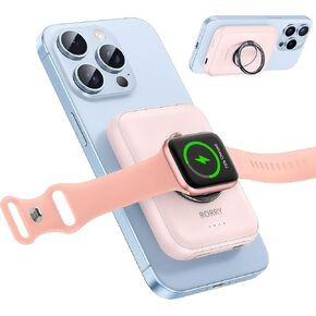 RORRY for Magsafe Portable Charger, [for iPhone & iWatch][Simultaneously Fast Charging] Wireless Power Bank, 5000mAh for Magnetic Portable Charger, for Magsafe Battery Pack with Finger Ring, Black