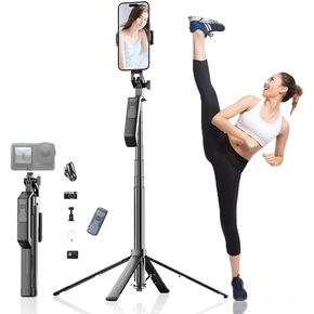 70-inch 4-Legged Selfie Stick for Phones and Cameras, Portable Travel Stand Holder, Rechargeable Remote Control, 360° Rotation, Compatible with iPhone and Android Systems and Cameras. Black