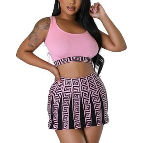 Fashion round neck sleeved pleated skirt two-piece knit printed dress