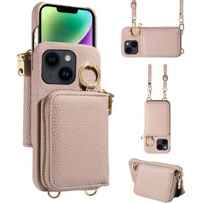 Wallet Case for iPhone 14 Plus 6.7 inch with Shoulder Strap Ring Buckle, Zipper Organ Purse, Credit Card Holder Stand Phone Cover for i-Phone 14+ iPhone14Plus 5G i i14 + iPhone14 14Plus Black