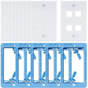 VCE 4 Port Keystone Wall Plate UL Listed (10 Pack, White) Bundle with Low Voltage Mounting Bracket Single Gang Wall Plate, Flush Low Voltage Box for Network, HDMI, Coaxial, Speaker, Blue, 5 Pack