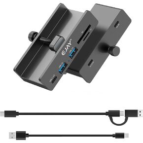 EJAY 5Ports USB3.0 HUB Alu Splitter Desktop Docking with Card Reader for Desk/Monitor Clipping with Extra Power Supply Port,59inches Data & 39inches Power Cable-5Gbps(BJ-2A1CTS-BK)