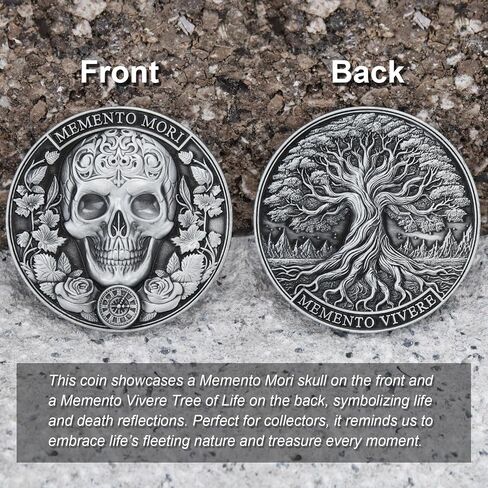 عملة Memento Mori - تصميم جمجمة وشجرة الحياة، موضوع Memento Vivere، حافظة عرض متضمنة، مثالية لهواة الجمع والهدايا (عملة واحدة) in Kuwait