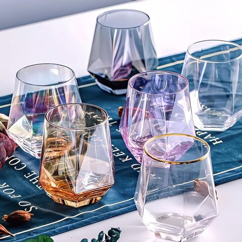 مجموعة من كأس النبيذ مكونة من 4 أكواب نبيذ بدون جذع ألماس (10 أونصة) - أواني زجاجية قزحية الألوان، أكواب ويسكي كريستالية مثالية لكأس من النبيذ أو المشروبات على الصخور، أو كأس العصير. (4 قطع غير ذهبية) in Kuwait