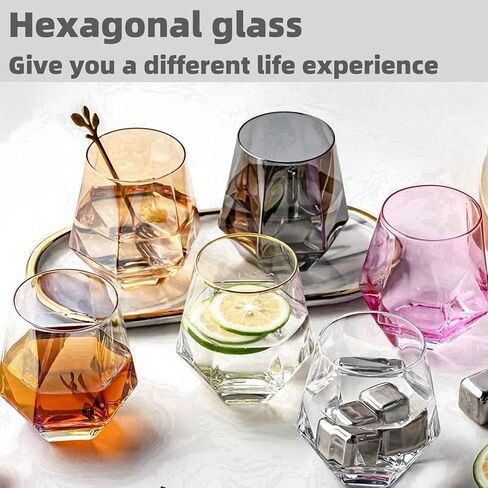 مجموعة من كأس النبيذ مكونة من 4 أكواب نبيذ بدون جذع ألماس (10 أونصة) - أواني زجاجية قزحية الألوان، أكواب ويسكي كريستالية مثالية لكأس من النبيذ أو المشروبات على الصخور، أو كأس العصير. (4 قطع غير ذهبية) in Kuwait