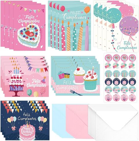 Spanish Birthday Cards Bulk：24 Pcs Tarjetas de Cumpleaños Feliz Cumpleaños Cards with Envelopes and Stickers, Assorted Happy Birthday Cards, Gifts for Friends, Coworkers, Loved One in Saudi Arabia