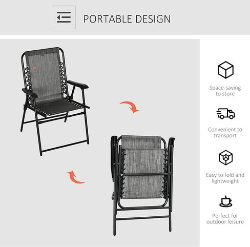 Outsunny Patio Folding Chair, Outdoor Bungee Sling Chair w/Armrests, Portable Lawn Chair for Camping, Garden, Pool, Beach, Backyard, Gray in Saudi Arabia