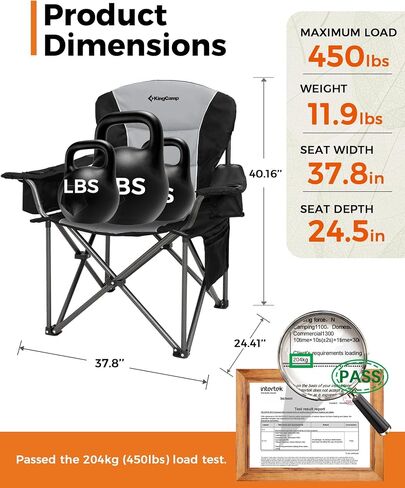 KingCamp Oversized Camping Folding Chair, Heavy Duty 450 LBS with Lumbar Support, Padded seat with Cup Holder&Cooler Bag, Ideal for Camp, Fishing, Sports event, Backyard, Patio, Lawn in Saudi Arabia