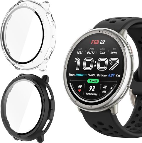 Compatible for Amazfit Active 2 Case, Lamshaw Hard PC Case with Tempered Glass Screen Protector Compatible with Amazfit Active 2 Smart Watch 44mm Smart Watch (2 Pack-Black+Clear) in Kuwait