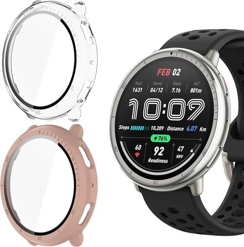Compatible for Amazfit Active 2 Case, Lamshaw Hard PC Case with Tempered Glass Screen Protector Compatible with Amazfit Active 2 Smart Watch 44mm Smart Watch (2 Pack-Black+Clear) in Kuwait