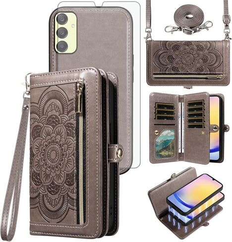 Asuwish Phone Case for Samsung Galaxy A25 5G Zipper Wallet Cell Cover with Tempered Glass Screen Protector Lanyard Strap Mandala Flower Flip Credit Card Holder Slot A 25 25A SM-A256U Women Girls Gray in Kuwait
