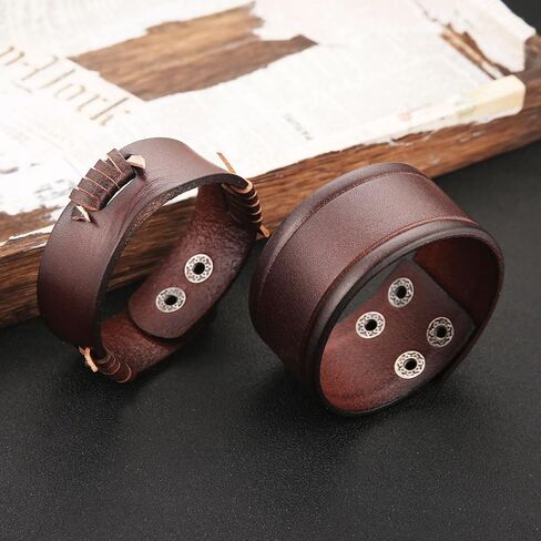HZMAN 2Pcs Leather Bracelets for Men Gothic Punk Retro Wide Cuff Bracelet Handmade Braided Brown Leather Wristband Bracelet Jewelry Gift in Saudi Arabia