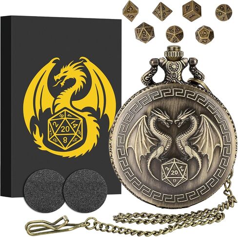 Mini DND Dice Set with Steampunk Double Dragon Pocket Watch Case, Tiny 7-Piece Polyhedral Metal D&D Dice, DND Gifts with Gift Box, Role Playing Game Board Game Accessories Dice, Dark Silver in Saudi Arabia