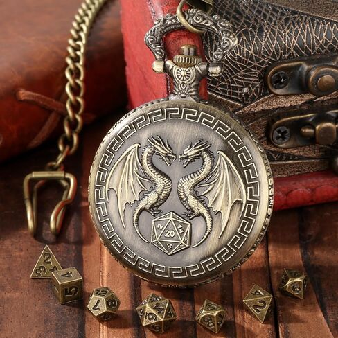 Mini DND Dice Set with Steampunk Double Dragon Pocket Watch Case, Tiny 7-Piece Polyhedral Metal D&D Dice, DND Gifts with Gift Box, Role Playing Game Board Game Accessories Dice, Dark Silver in Saudi Arabia
