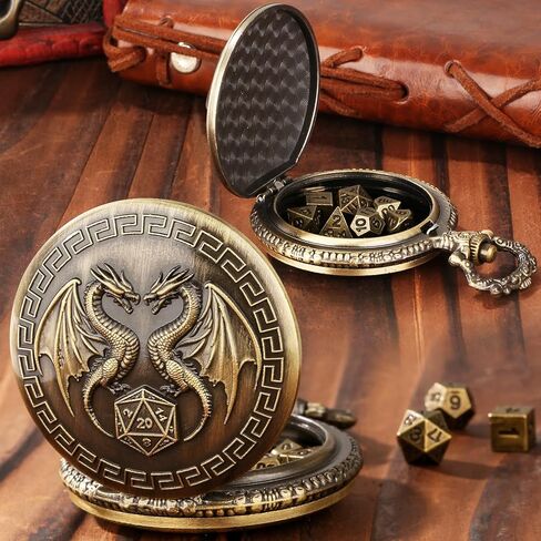 Mini DND Dice Set with Steampunk Double Dragon Pocket Watch Case, Tiny 7-Piece Polyhedral Metal D&D Dice, DND Gifts with Gift Box, Role Playing Game Board Game Accessories Dice, Dark Silver in Saudi Arabia