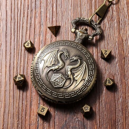 Mini DND Dice Set with Steampunk Double Dragon Pocket Watch Case, Tiny 7-Piece Polyhedral Metal D&D Dice, DND Gifts with Gift Box, Role Playing Game Board Game Accessories Dice, Dark Silver in Saudi Arabia