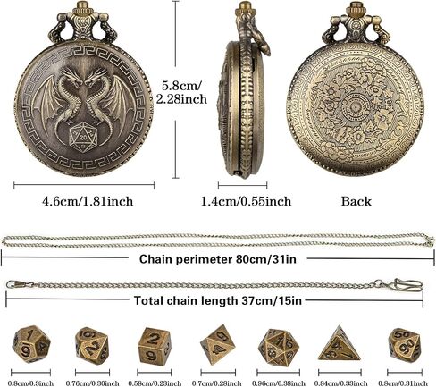 Mini DND Dice Set with Steampunk Double Dragon Pocket Watch Case, Tiny 7-Piece Polyhedral Metal D&D Dice, DND Gifts with Gift Box, Role Playing Game Board Game Accessories Dice, Dark Silver in Saudi Arabia