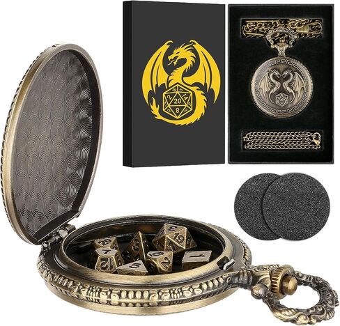 Mini DND Dice Set with Steampunk Double Dragon Pocket Watch Case, Tiny 7-Piece Polyhedral Metal D&D Dice, DND Gifts with Gift Box, Role Playing Game Board Game Accessories Dice, Dark Silver in Saudi Arabia